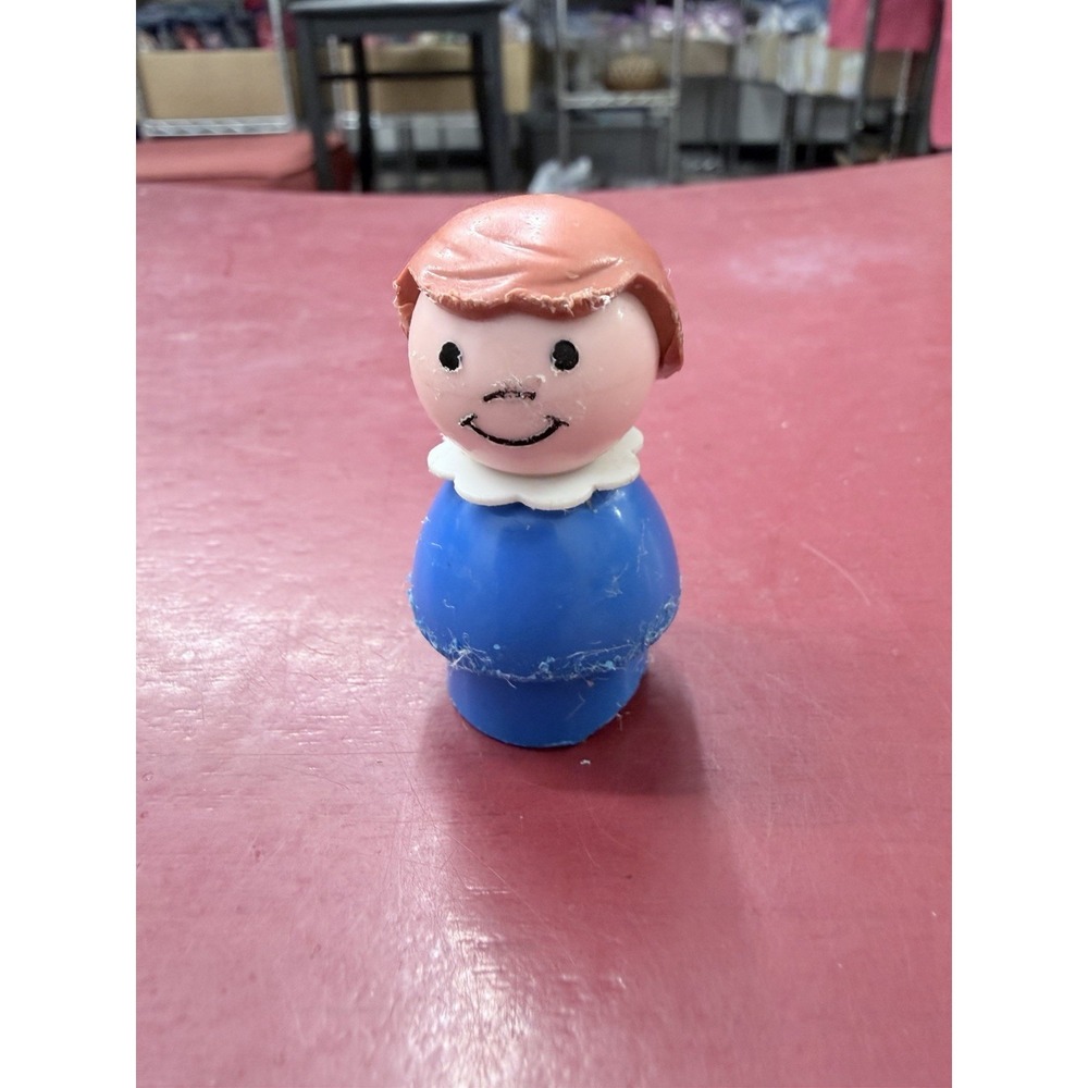 Vintage Fisher Price 1960s Little People Girl Mom with Brown Hair Blue Dress